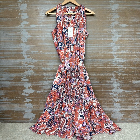 Mille NWT Marilyn Midi Dress Tangier Floral Boho Preppy Cotton Flax Womens M - Picture 2 of 7